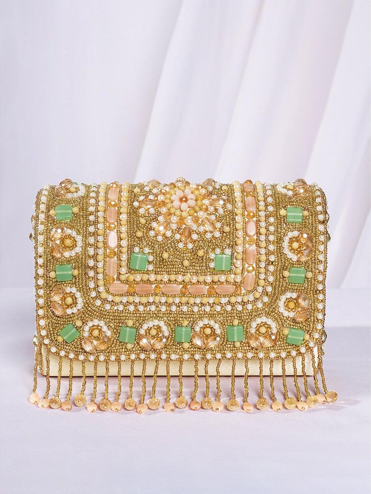 Peora Womens Cream Ethnic Embellished Fancy Evening Clutch with Detachable Strap-image-46