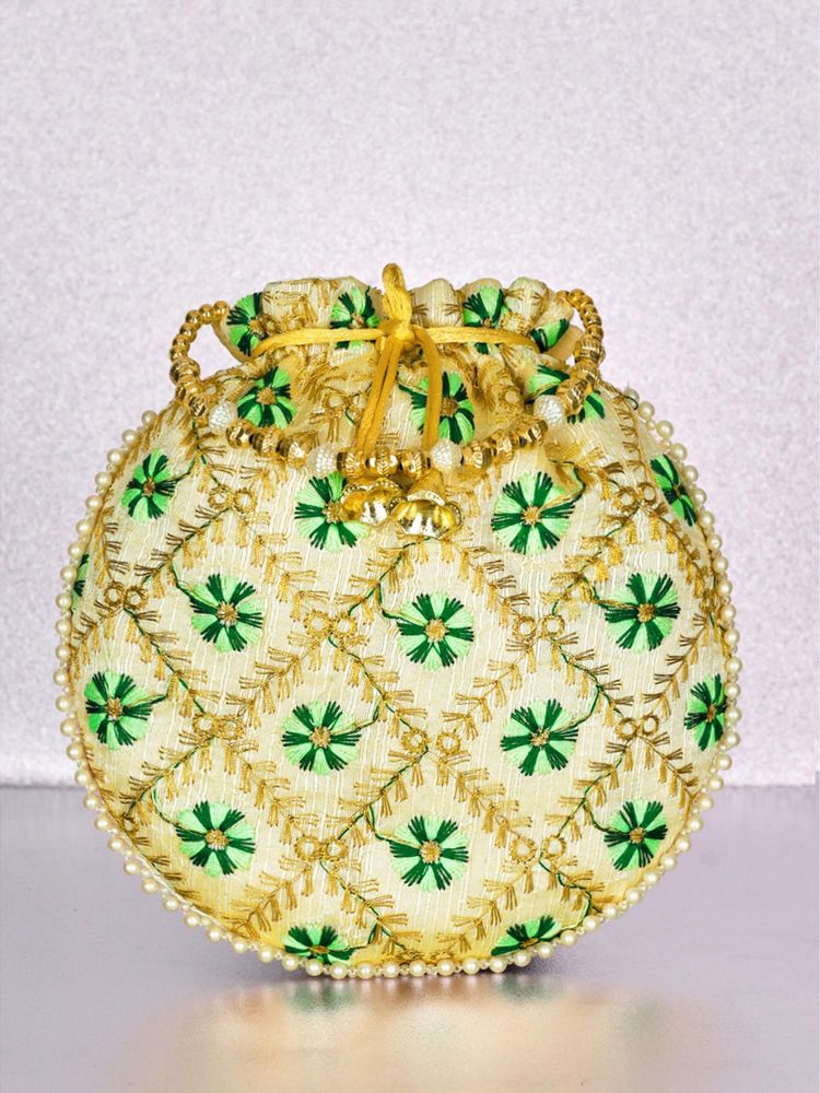 Peora Womens Green Ethnic Embroidered Floral Potli Bag-picture-11