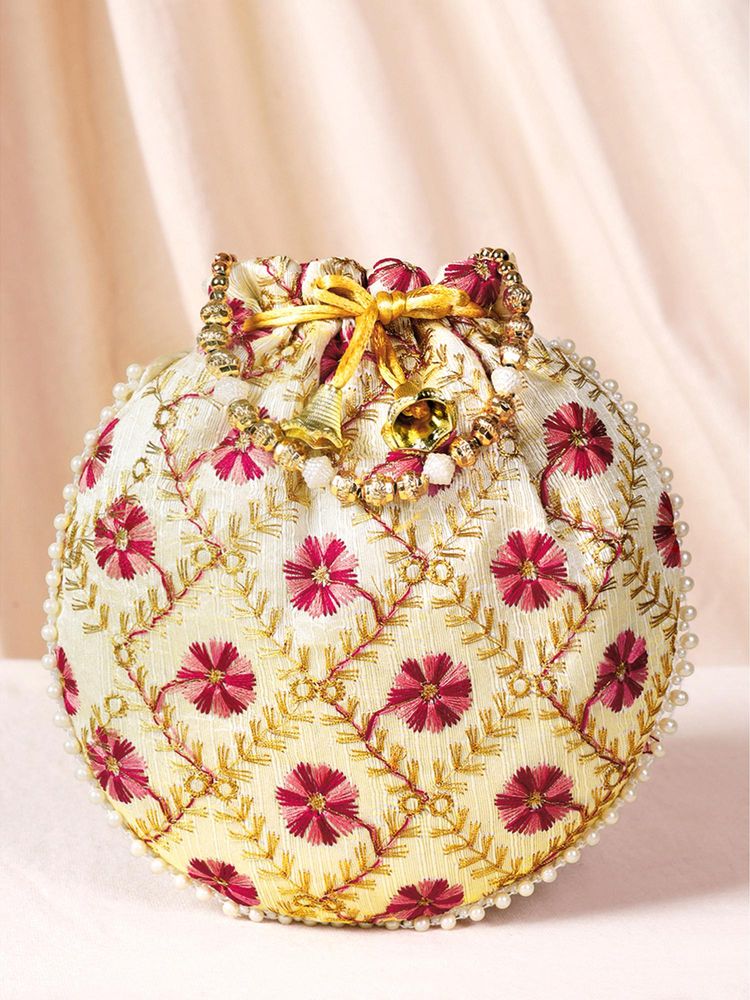 Peora Womens Maroon Ethnic Embroidered Floral Potli Bag-picture-17