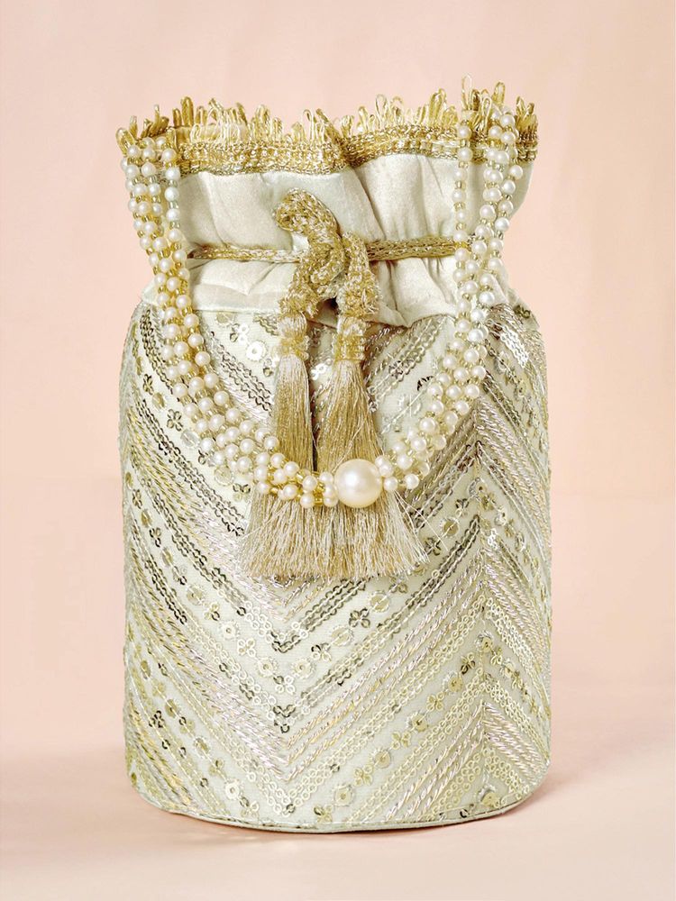 Peora Womens Ethnic Cream Embellished Potli Bag-image-41