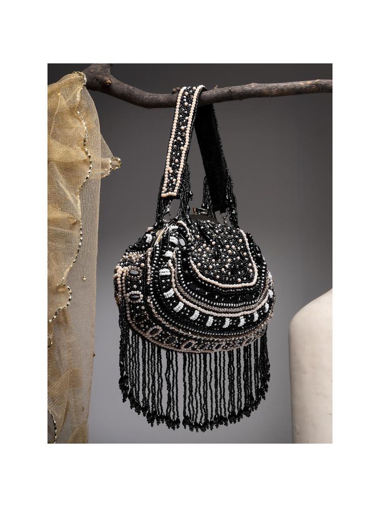 Anekaant Droop Black and Pastel Multi Bead Work Embellished Faux Silk Clutch-image-12