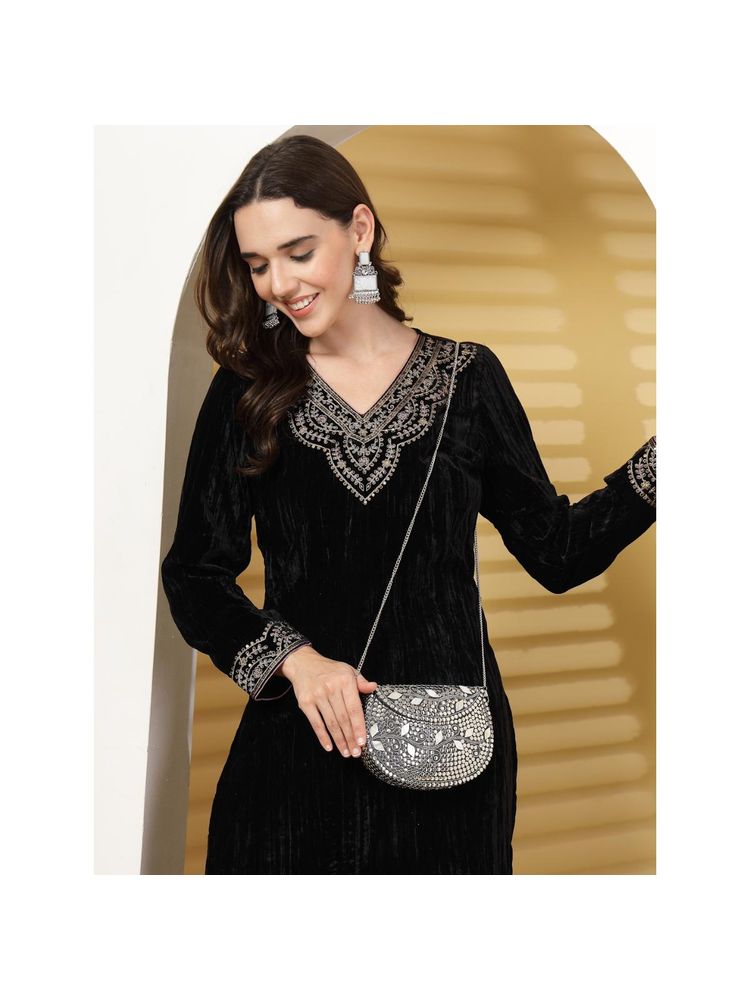 Anekaant Mosaic Silver Mosaic Embellished Metal Clutch with Detachable Chain-image-1