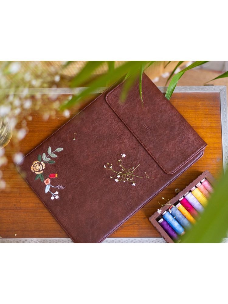 Miri Brown Hand Embroidered Gold Metallic Rose Laptop Sleeve (15/16 )-image-34