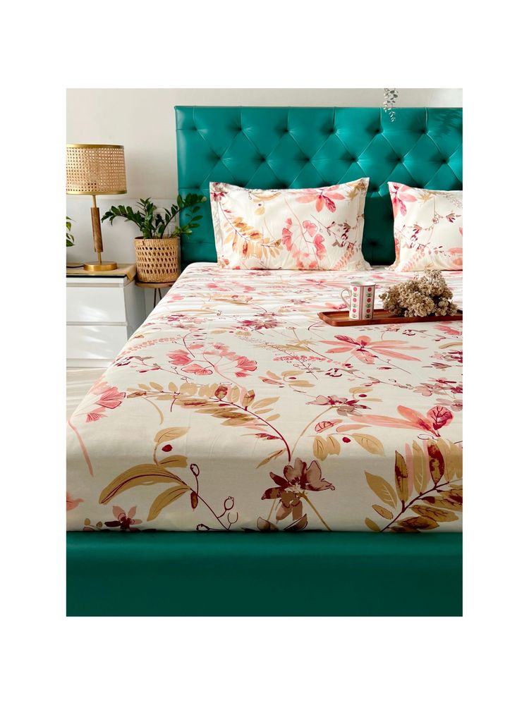 Urban Space Cotton Fitted Bedsheet Double Bed with 2 Pillow Covers(Floral Peach)-image-28