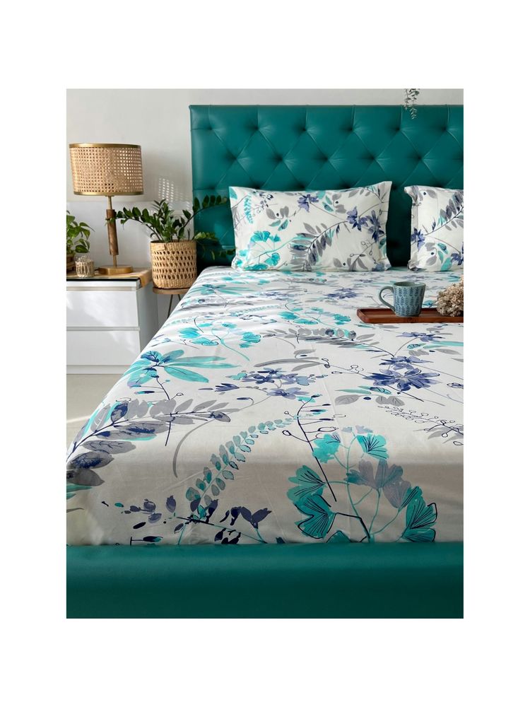 Urban Space Cotton Fitted Bedsheet Double Bed with 2 Pillow Covers(Floral Blue)-picture-27