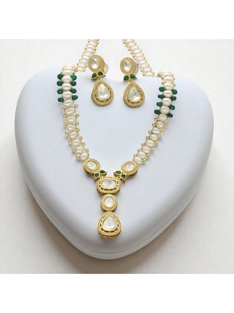 Sri Jagdamba Pearls Green Stone Chiselled Elegance Pearl Jewellery Set-image-23