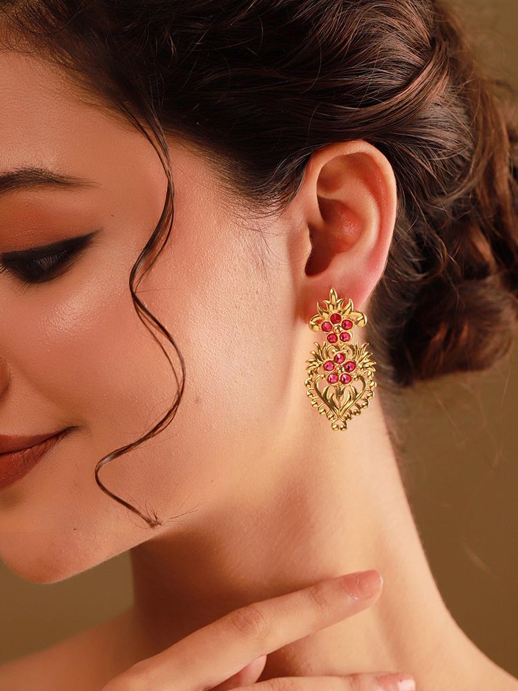 Voylla Pink Phoolra Zari Stone Drop Earrings-picture-6