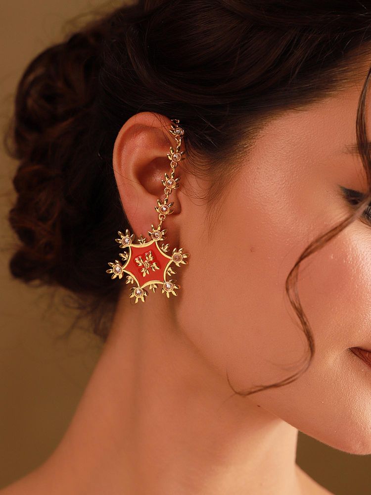Voylla Red Rajwada Surya Attached Ear Chain Stud Earrings-picture-47