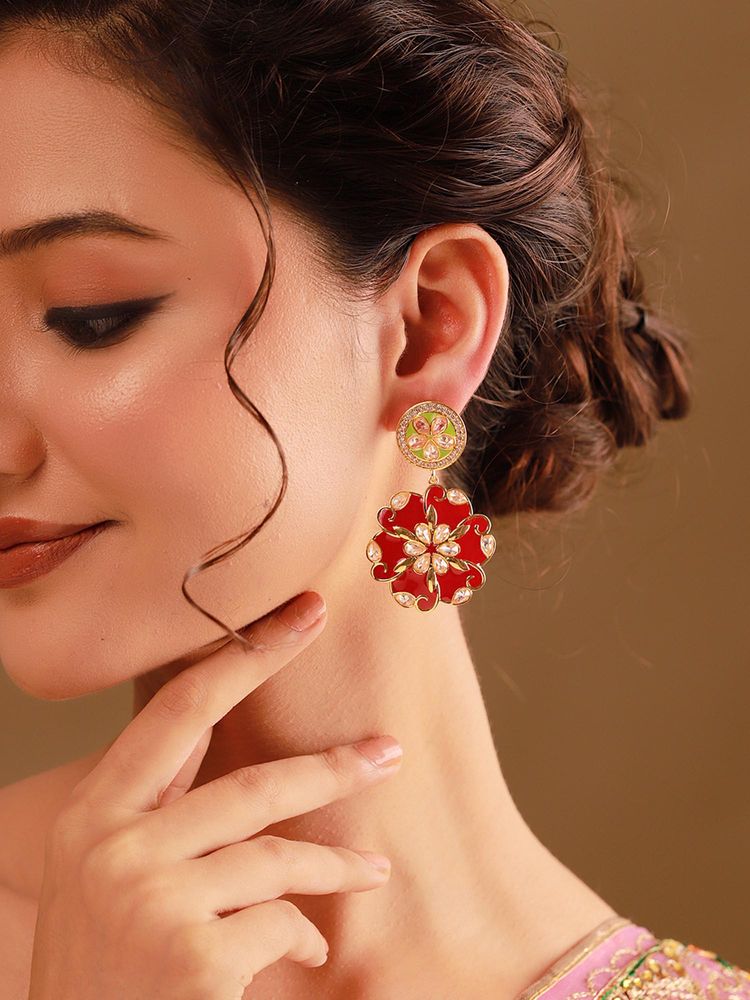 Voylla Red and Green Gulphool Drop Earrings-image-45