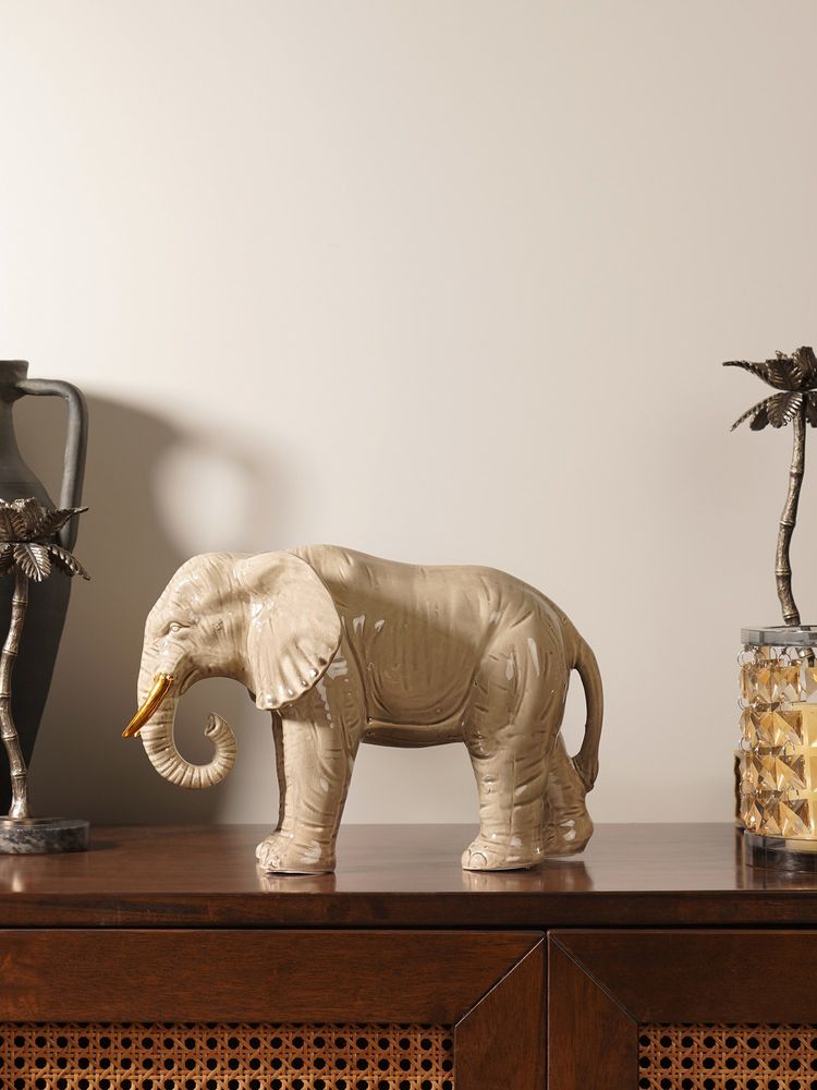 Pure Home + Living Beige Polyresin Walking Elephant With Gold Tusks-image-16