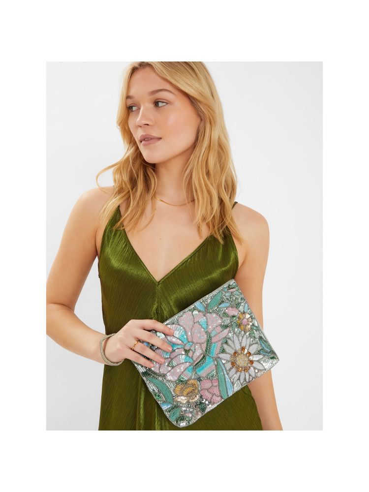 Accessorize London Women's Green Hand Beaded Daisy Wristlet Clutch-picture-26