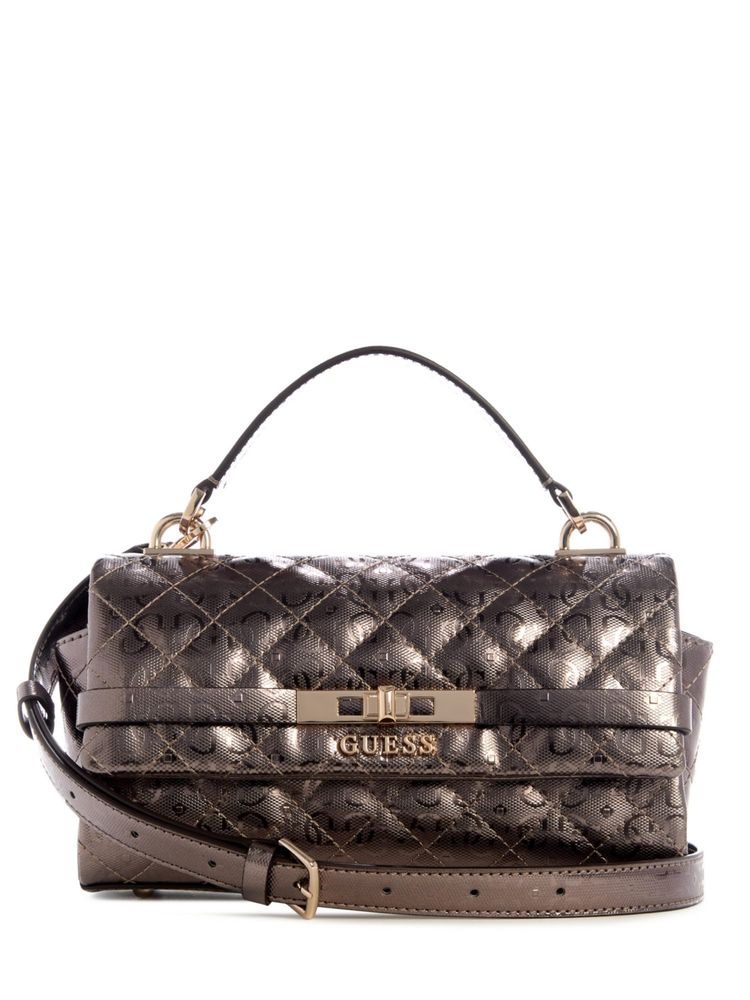 Guess Pewter Quilted Idra Top Handle Flap Satchel Bag with Detachable Strap-image-3