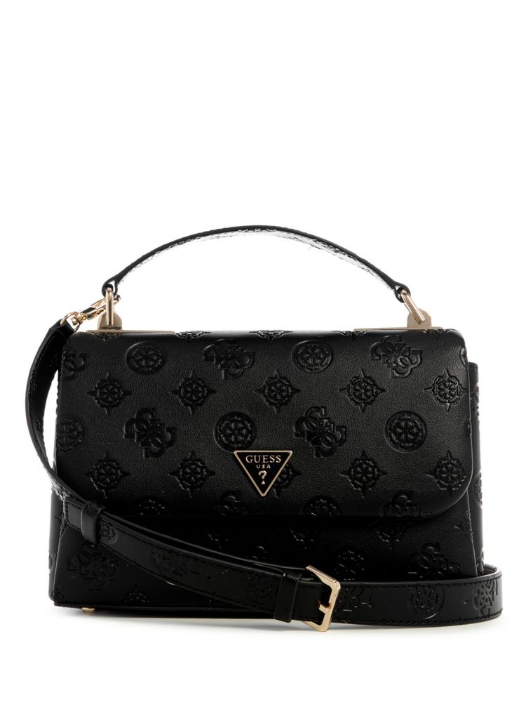 guess fashion Guess Black Logo Embossed Monogram Tisha Top Handle Flap Satchel Bag & Detachable Strap-picture-14