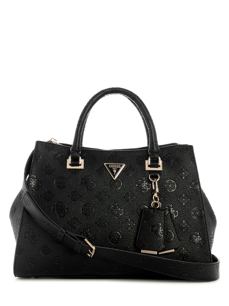 Guess Black Logo Embossed Monogram Cresidia Society Satchel Bag with Detachable Strap-image-30