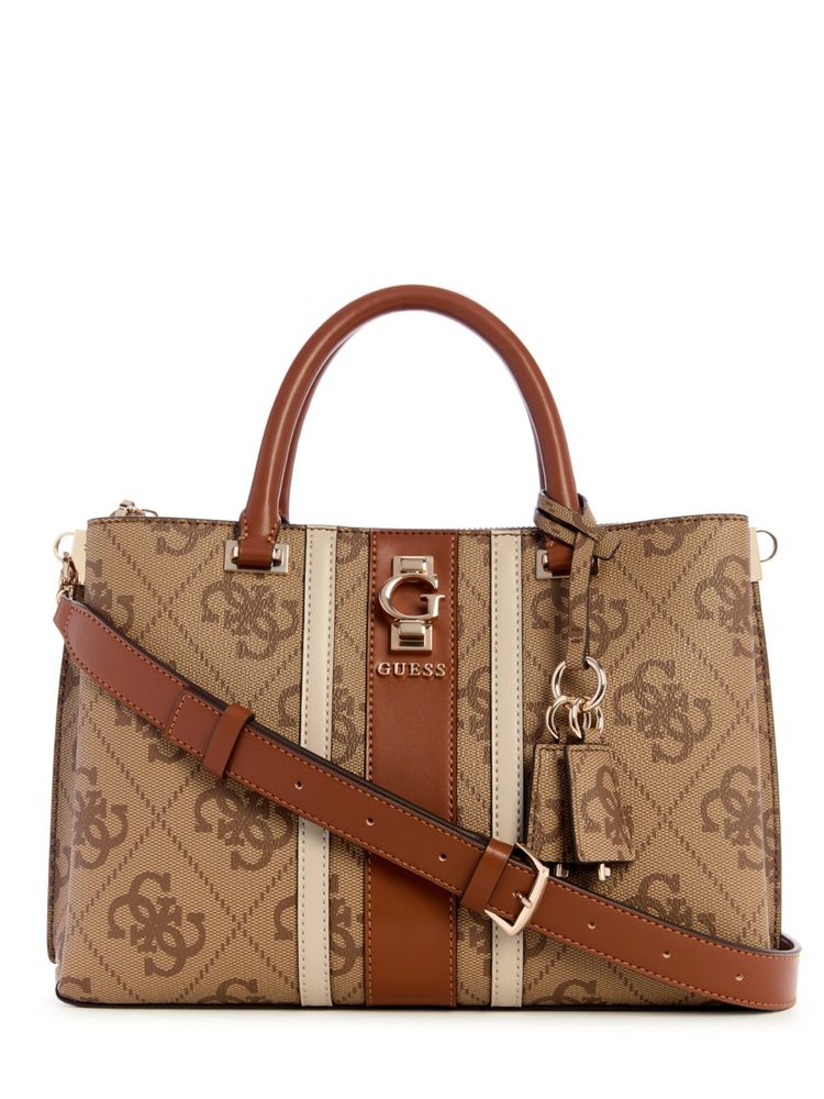 Guess Brown Logo Printed Erenia Girlfriend Satchel Bag-image-45