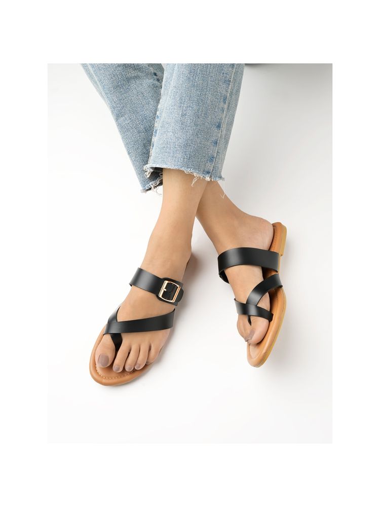 Shoetopia Stylish Side Buckle Detailed Black Flats For Women And Girls