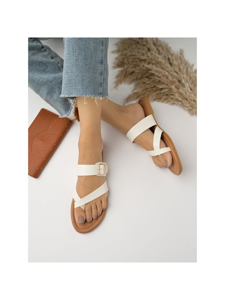 Shoetopia Stylish Side Buckle Detailed White Flats For Women And Girls