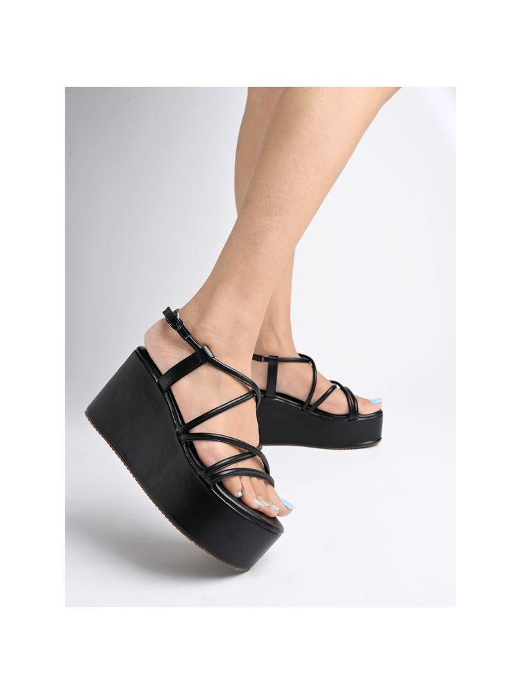 Shoetopia Multi Straps Casual Black Flatforms For Women And Girls-picture-13
