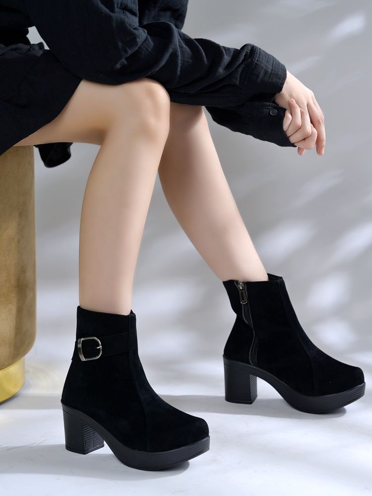 Shoetopia Black Suede Platform Ankle Boots For Women-picture-17