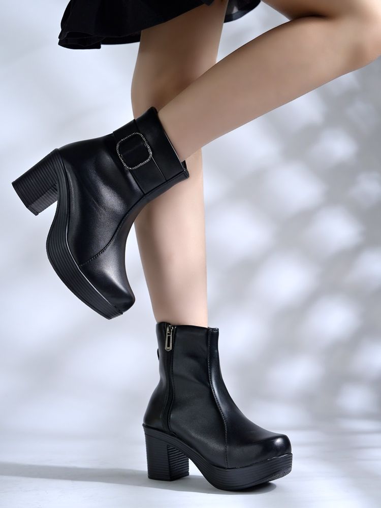 Shoetopia Black Platform Ankle Boots with Chain Detail For Women-picture-18