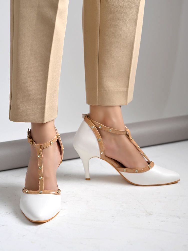 Shoetopia White Pointed-Toe Heels with Studded Straps For Women-image-41