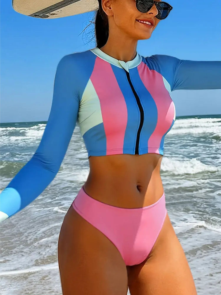 Addery Vibrant Stripe Rash Guard Swim Top with Panty-picture-23