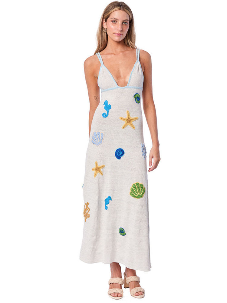 Addery Seashell Embroidered White Cover-Up Maxi Dress