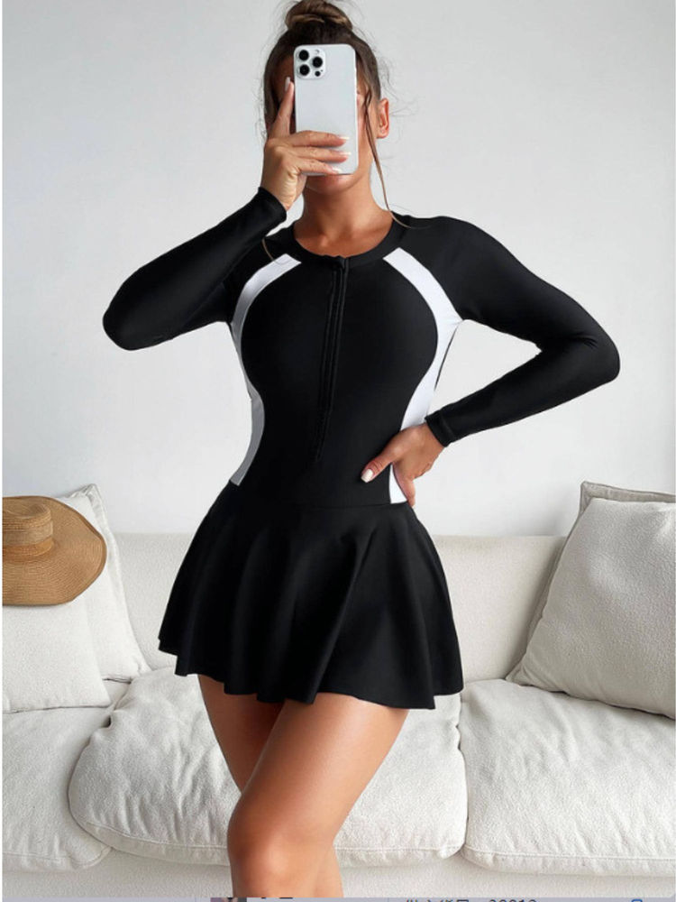 Addery Long Sleeve Black And White Athletic Swimsuit-image-11