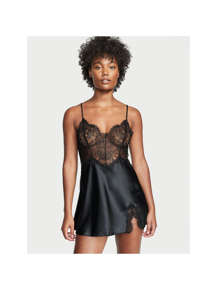 victoria's secret intimates Victoria's Secret Women Black Lace Top Satin Slip Babydoll (L)-picture-18