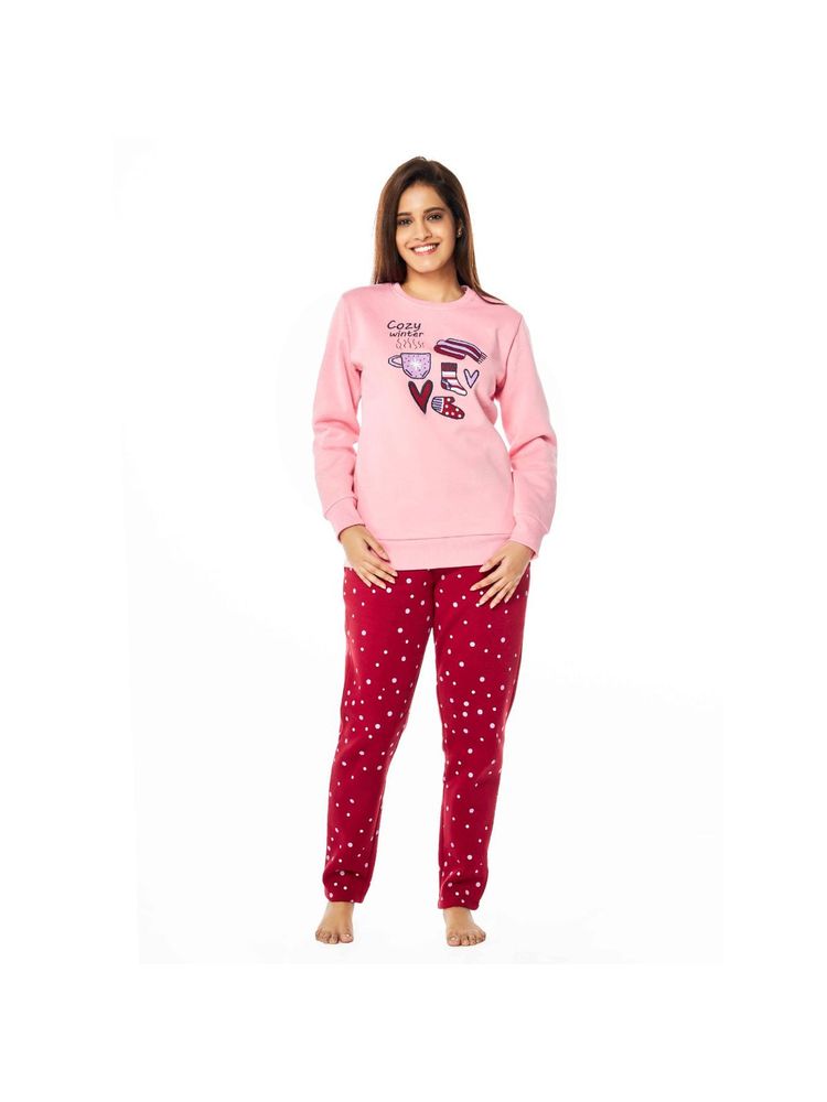 July Nightwear Winter Collection For Women Pink Fleece Track Suit with Round Neck-picture-16