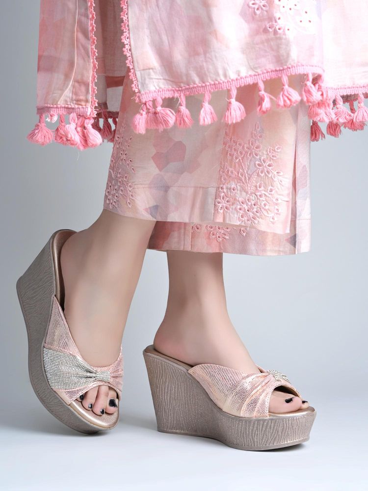 HVNLY by Shoetopia Pink Diamante Knot Wedges Heels For Women-image-22