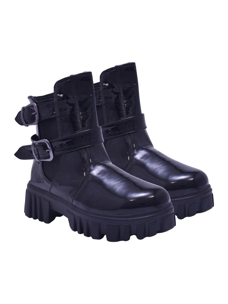 HVNLY by Shoetopia Women Crispy Black Double Buckle Boots-picture-17