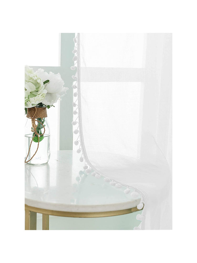 Urban Space Sheer Curtain for Window Eyelets & Tieback-White with Pom Pom (Set of 2)