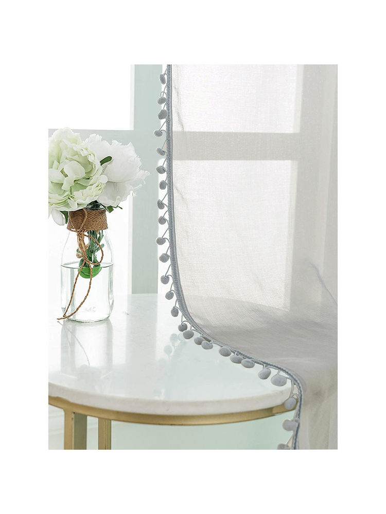 Urban Space Sheer Curtain for Window Eyelets & Tieback-Silver with Pom Pom (Set of 2)-image-9