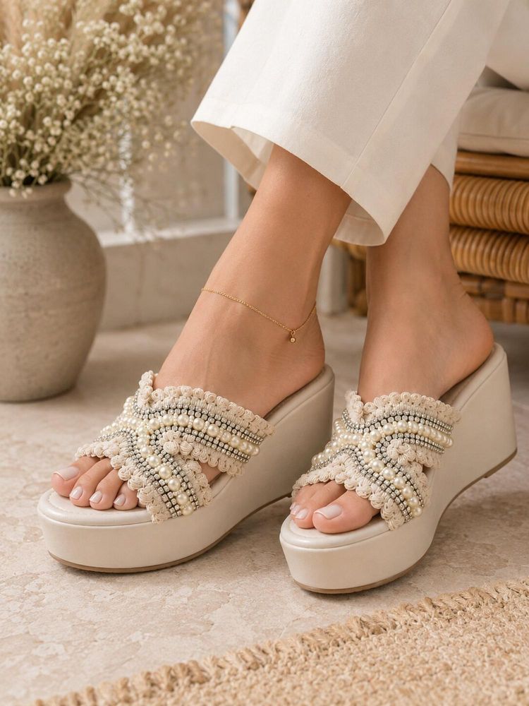 Sandal Stories Ivory Pearl Bloom Embellished Wedges-image-31