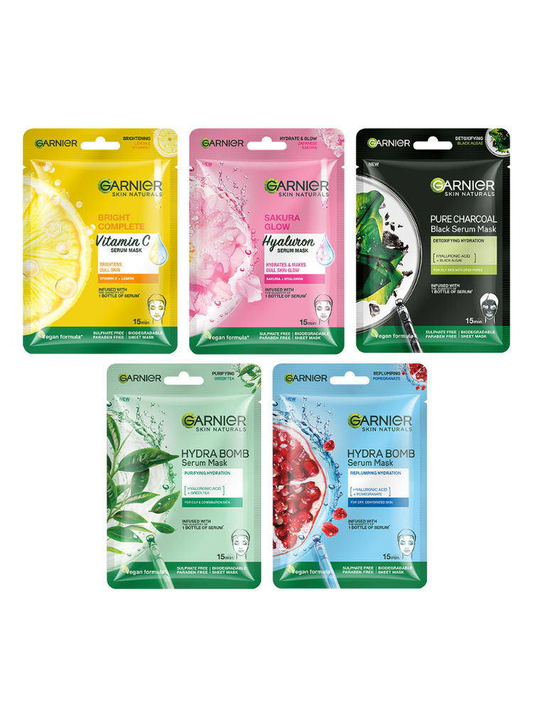 Garnier Face Serum Sheet Mask Pack of 5 (Vit C + Hydra Bomb + Sakura + Hydra Bomb Blue + Charcoal)-picture-13