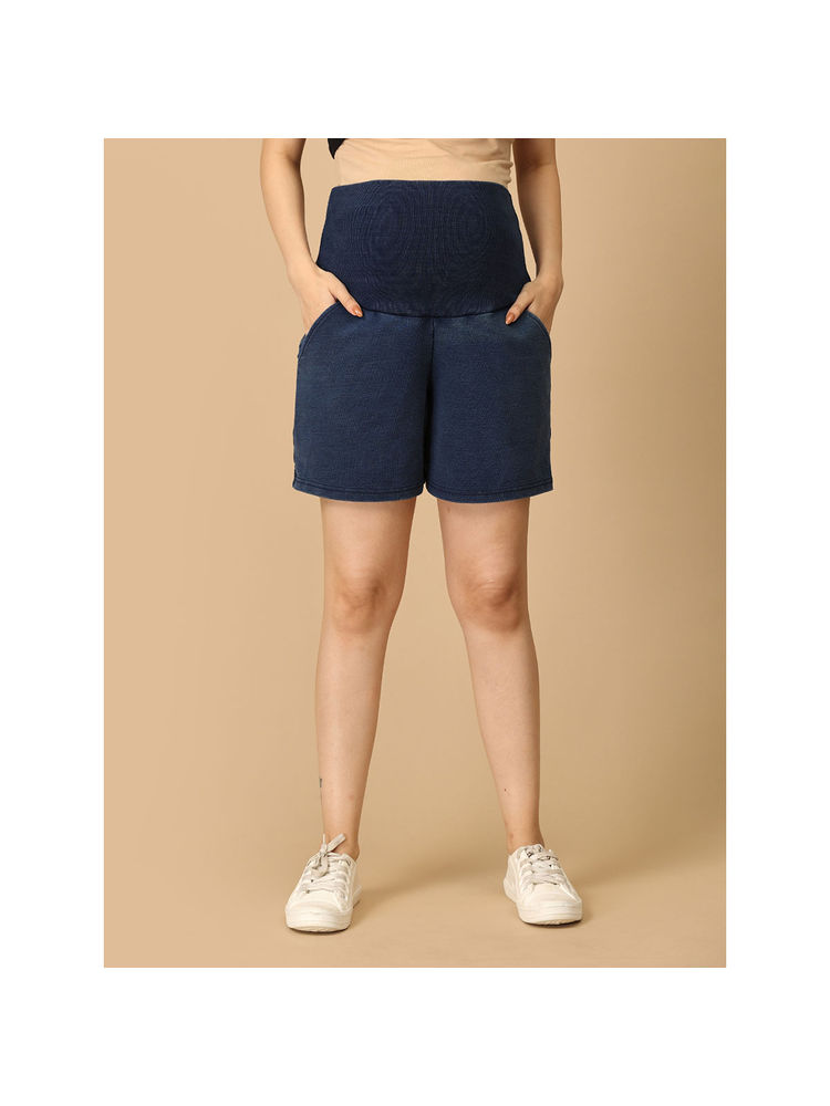 The Mom Store Blue Maternity Knit Denim Shorts with Belly Support -Dark Wash-picture-9