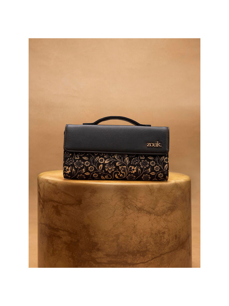 Zouk Black Printed Jute Clutch and Detachable Strap-picture-41