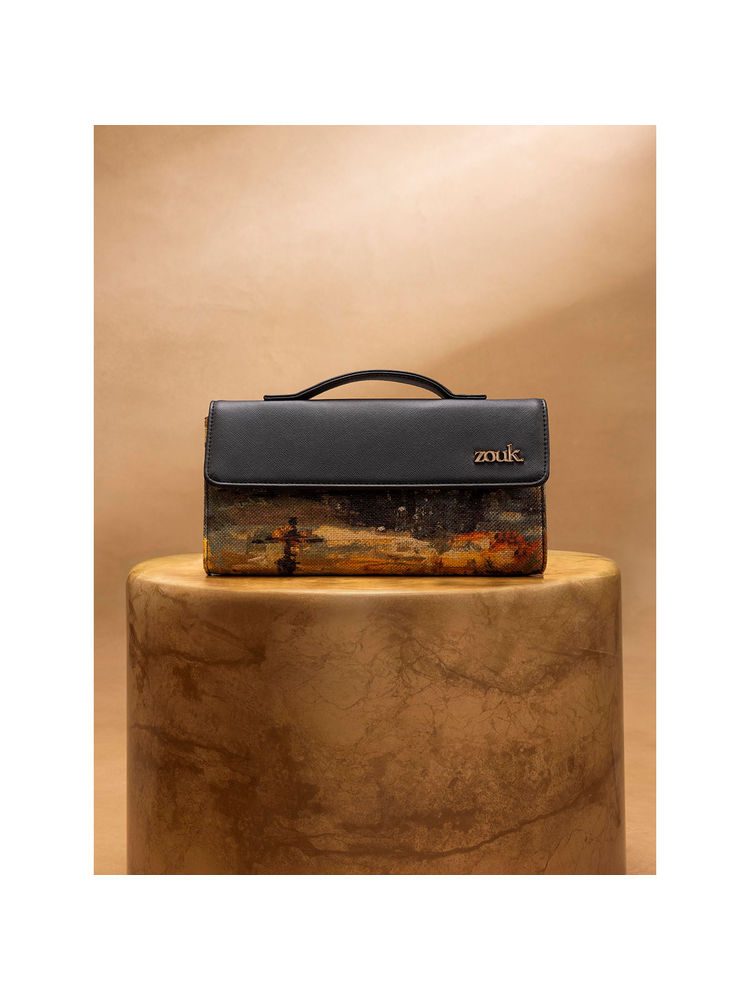 Zouk Multi-Color Printed Jute Clutch and Detachable Strap