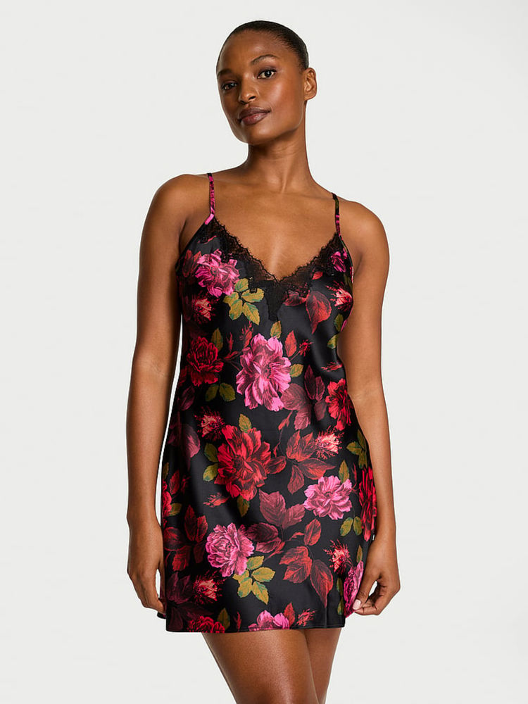 victoria's secret intimates Victoria's Secret Black Very Sexy Satin Rose Lace-Trim Mini Slip Dress-picture-28