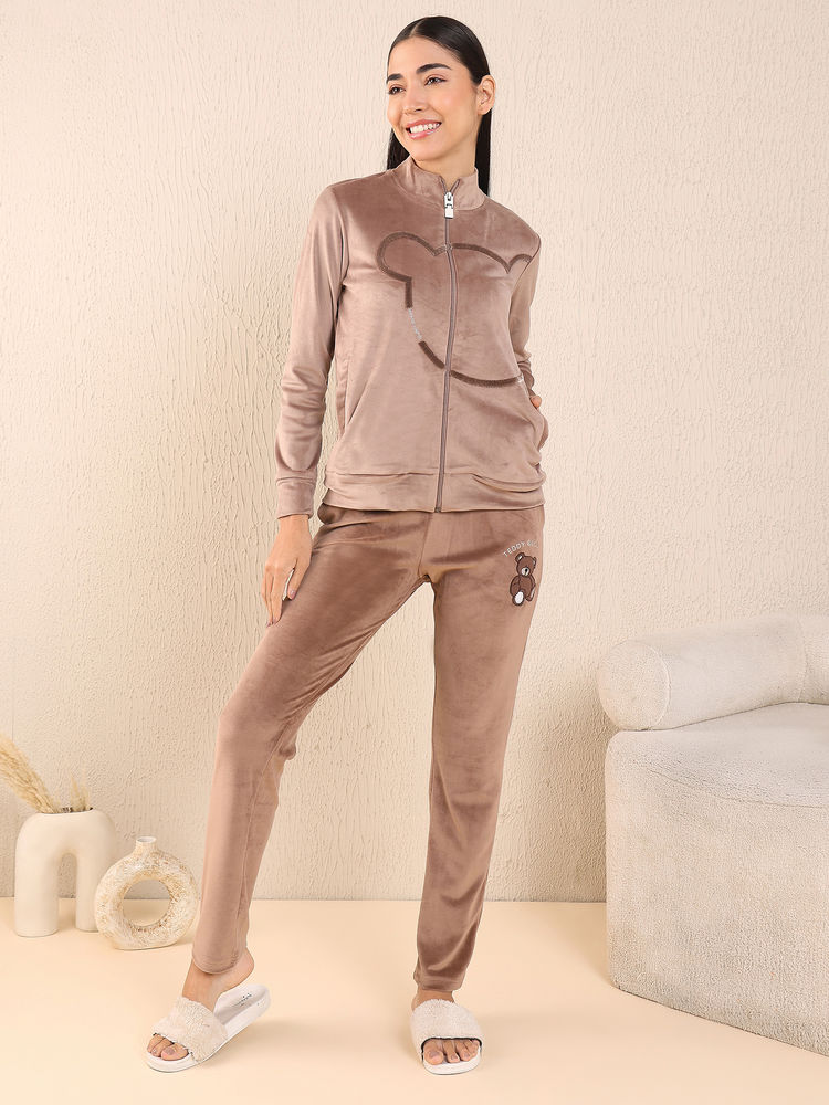 Sweet Dreams Brown Solid Velour Spandex Sweatshirt & Pyjama-picture-12