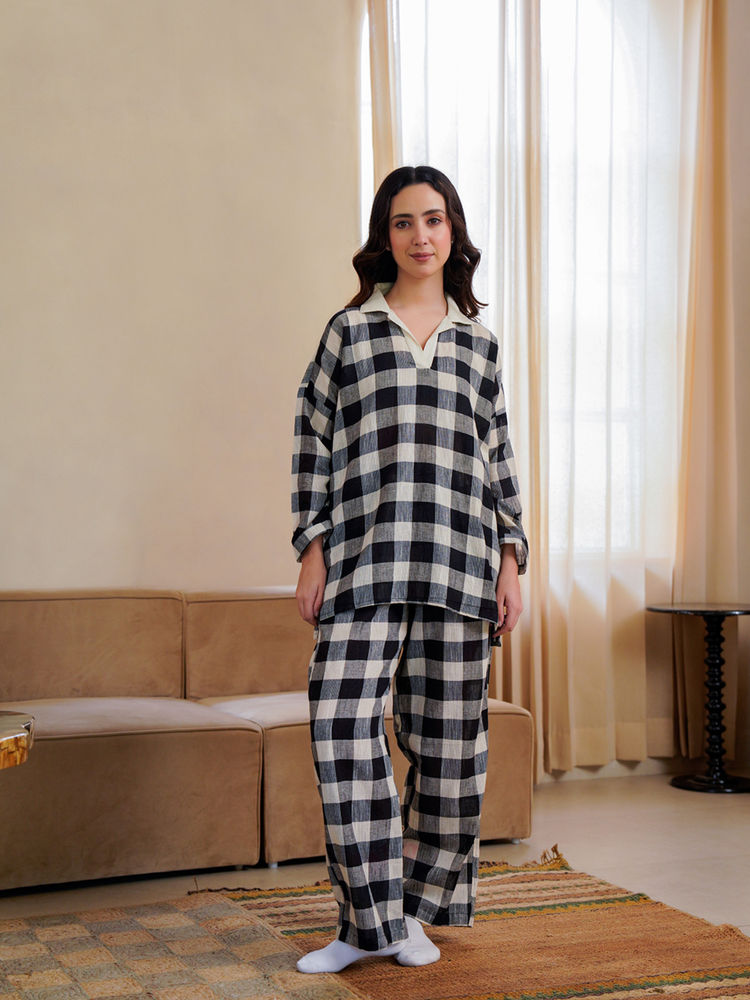 sanskrutihomes SAY Black Pure Cotton Collar Neck Shirt & Pyjama-picture-19