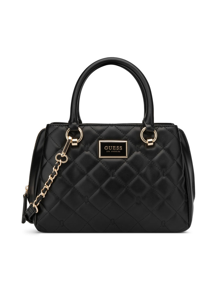Guess Black Quilted Gwyn Satchel Bag with Detachable Strap-image-20