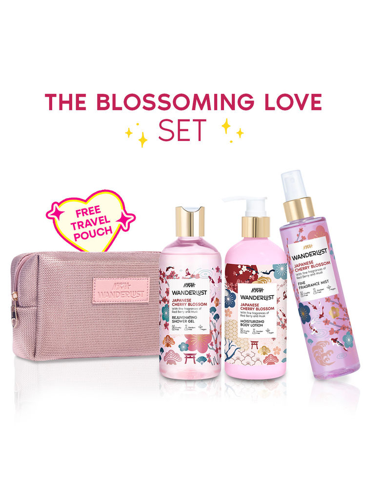 Wanderlust Japanese Cherry Blossom Gift Combo Shower Gel + Body Lotion + Body Mist + Pouch-image-45
