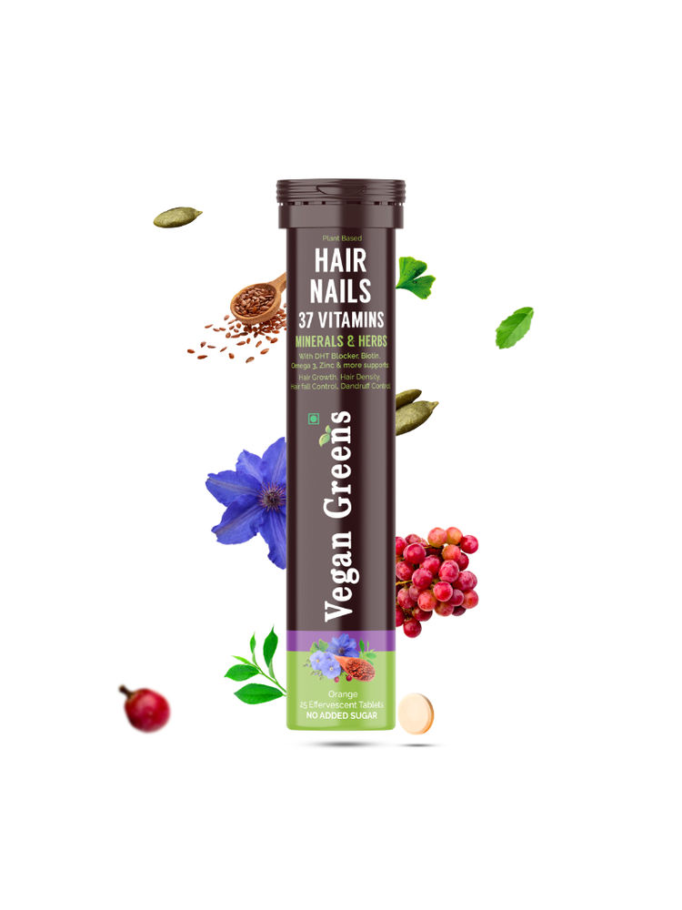 Vegan Greens Hair & Nails 37 Vitamins Minerals & Herbs Effervescent Tablets - Orange