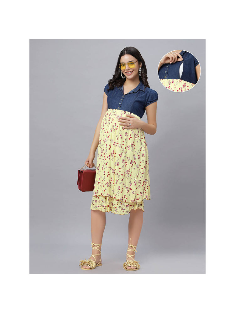 Blue Yellow Floral Denim Collared Neck Printed Maternity/Feeding Short Dress-image-30