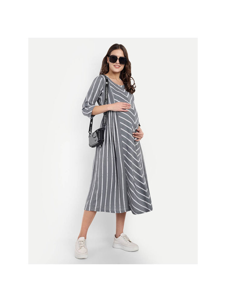 mamma's maternity Grey Cotton Stripes Printed Round Neck Maternity/Feeding Short Dress-picture-18