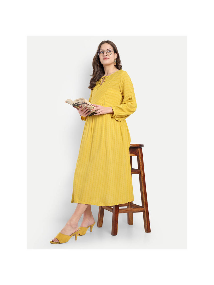 mamma's maternity Yellow Cotton Stripes Printed Tie Up Neck Maternity/Feeding Short Dress-picture-11