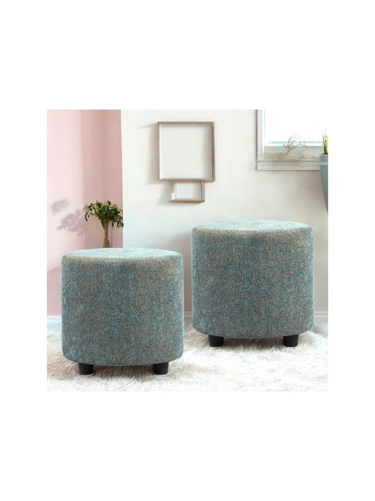 Ikiriya Lisbon Solid Wood Pack of 2 Ottoman / Pouffes Blue Jacquard Work Fabric (1 Year Warranty)-image-3