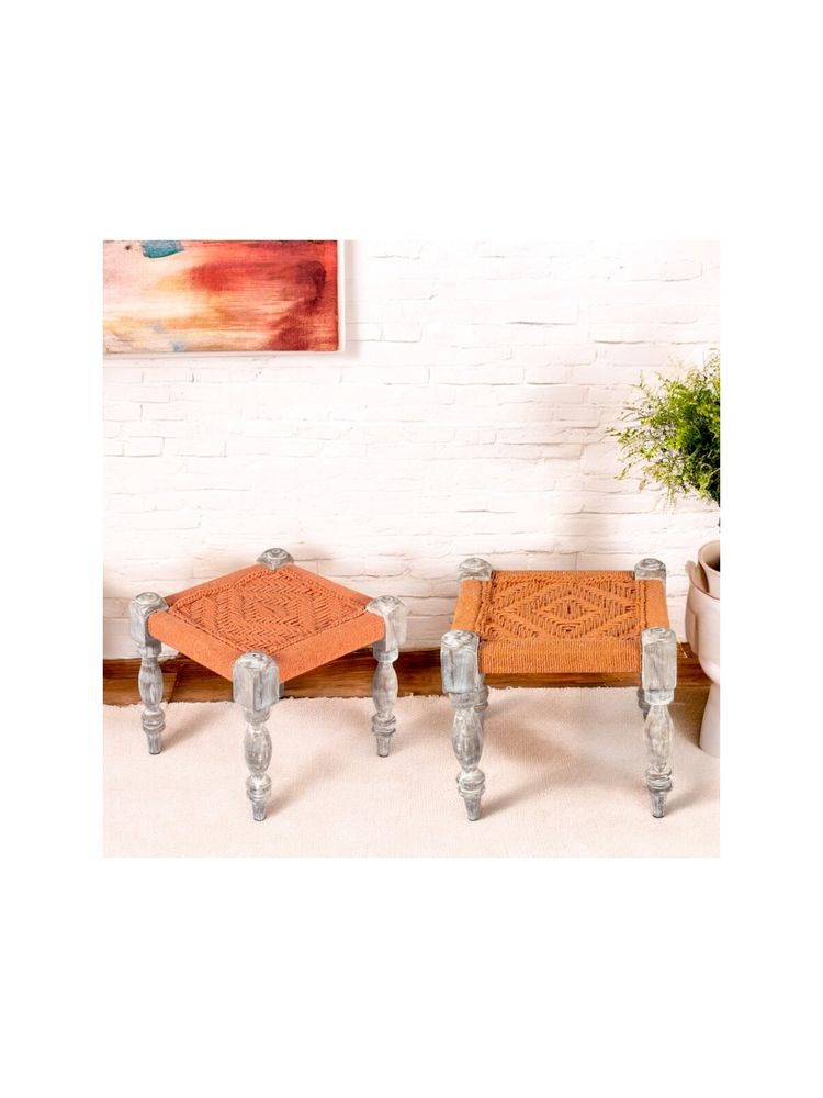Ikiriya Riaz Sheesham Wood Vintage Pack of 2 Stools In Orange Rope Canning (1 Year Warranty)-image-31